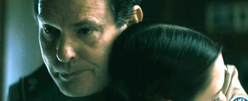 Henry Thomas holds his on-screen daughter in a hug in The Curse of the Necklace.