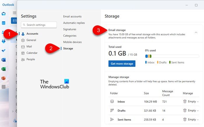 Vérifiez la limite de taille de la boîte aux lettres dans la nouvelle application Outlook