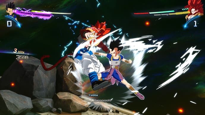 Dragon Ball : Des étincelles ! Capture d'écran zéro de Base Cabba frappant SSJ4 Gogeta dans l'estomac