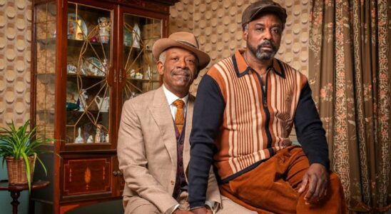 A warm, intimate photo of older Caribbean couple Barrington (Lennie James) and Morris (Ariyon Bakare) in BBC One's comedy drama Mr Loverman