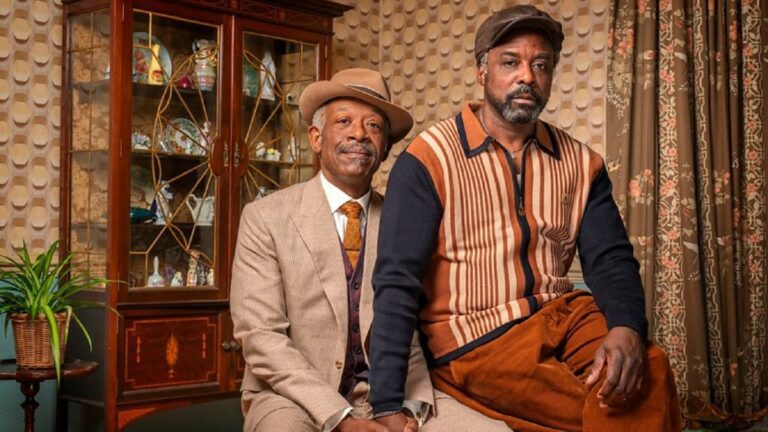 A warm, intimate photo of older Caribbean couple Barrington (Lennie James) and Morris (Ariyon Bakare) in BBC One's comedy drama Mr Loverman