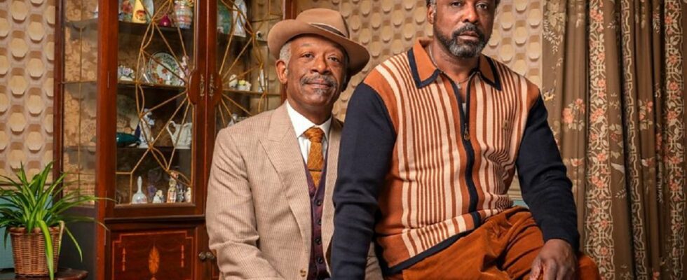 A warm, intimate photo of older Caribbean couple Barrington (Lennie James) and Morris (Ariyon Bakare) in BBC One's comedy drama Mr Loverman