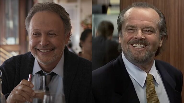 Billy Crystal holding wine glass in Here Today/ Jack Nicholson wearing suit and smiling in Anger Management (side by side) 