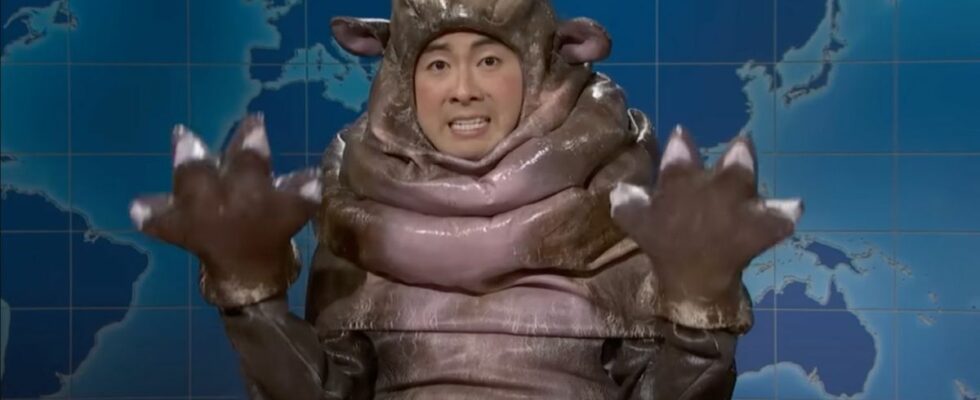 Bowen Yang dressed as Moo Deng the viral hippo on SNL's Weekend Update