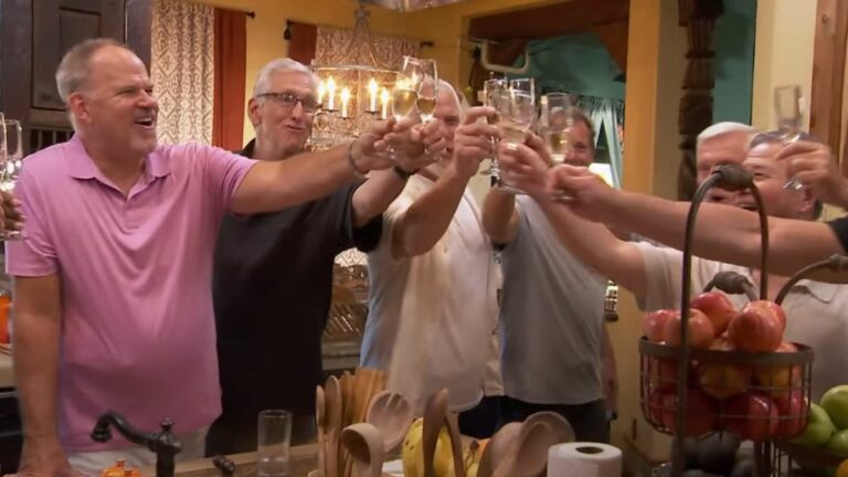 The cast of The Golden Bachelorette Season 1 toasts during the September 25, 2024, episode.