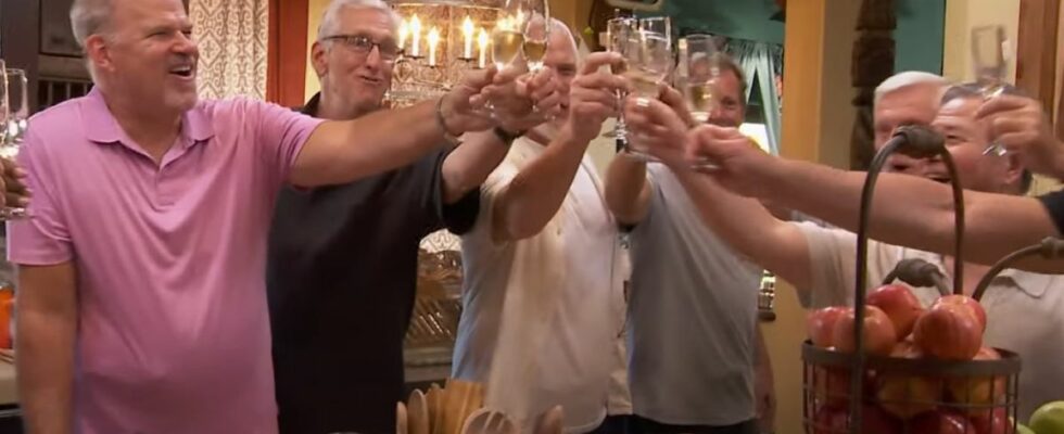 The cast of The Golden Bachelorette Season 1 toasts during the September 25, 2024, episode.