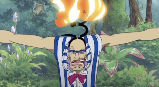 Mr. 3 using his Wax-Wax powers, with his 3 hairstyle on fire, in One Piece anime