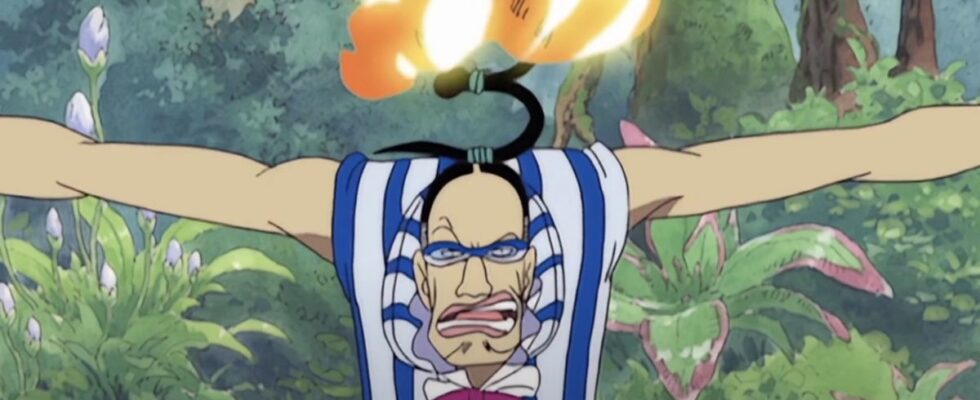 Mr. 3 using his Wax-Wax powers, with his 3 hairstyle on fire, in One Piece anime