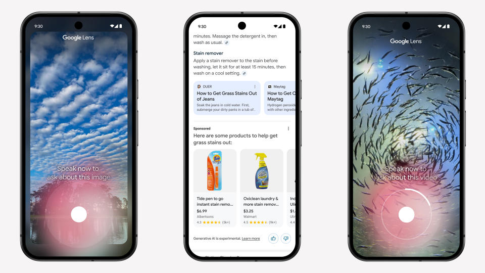 Trois captures d'écran de téléphone Android, montrant la recherche vocale Lens, les publicités dans les aperçus AI et la recherche vidéo Lens.
