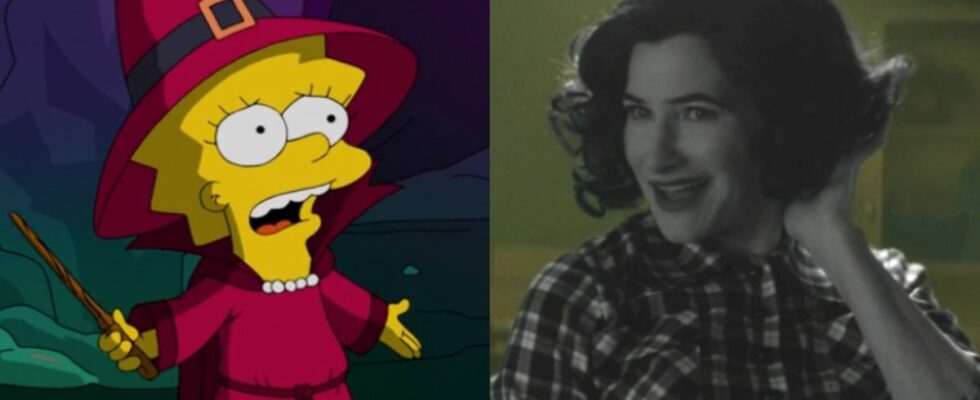 Lisa Simpson in The Simpsons: Welcome to the Club short and Kathryn Hahn as black and white 50s Agatha in Agatha All Along Episode 1