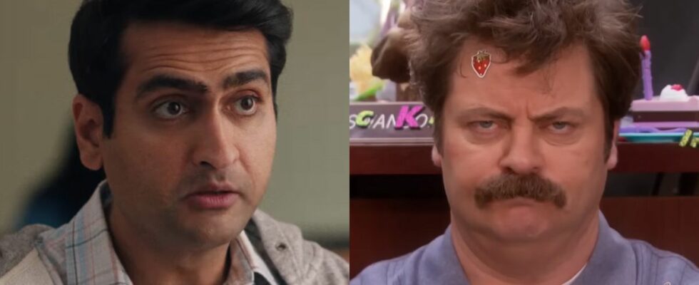 Side by side of Kumail Nanjiani and Nick Offerman staring.