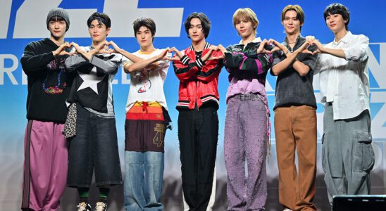 K-pop boy group 'RIIZE' members (L-R) Sungchan, Seunghan, Sohee, Wonbin, Shotaro, Eunseok and Anton at their debut showcase in Seoul on September 4, 2023.