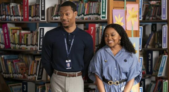 Tyler James Williams and Quinta Brunson in a library setting in Abbott Elementary season 3