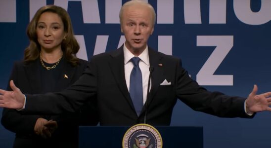 Dana Carvey portrays Joe Biden on the Saturday Night Live Season 50 premiere, as Maya Rudolph (as Kamala Harris) stands behind him.