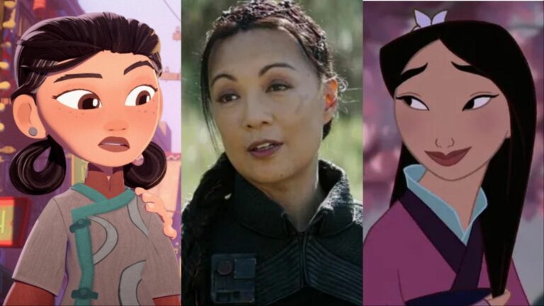 Ming-Na Wen in middle in The Mandalorian with her voice characters in Gremlins and Mulan on either side