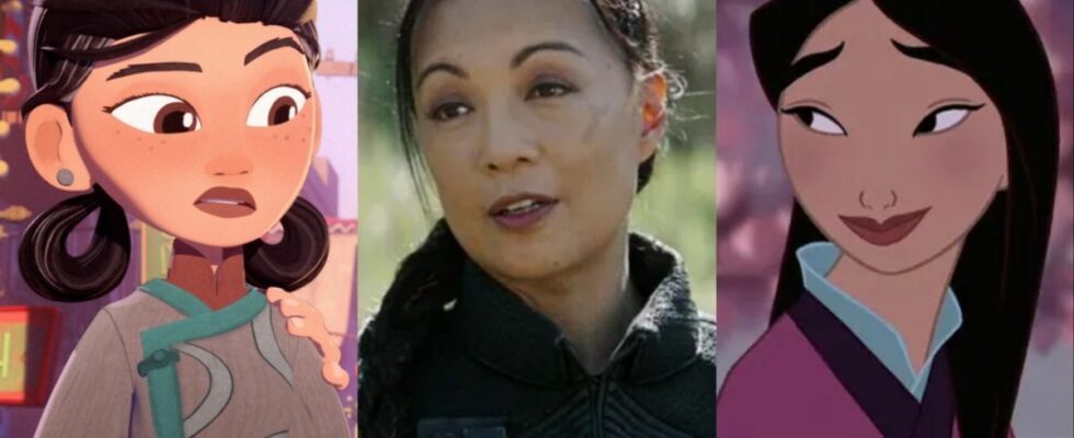 Ming-Na Wen in middle in The Mandalorian with her voice characters in Gremlins and Mulan on either side