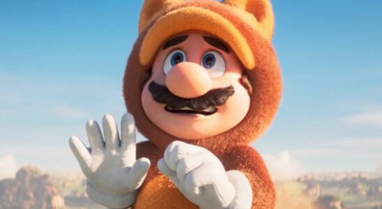 Mario in Tanooki suit in The Super Mario Bros. Movie