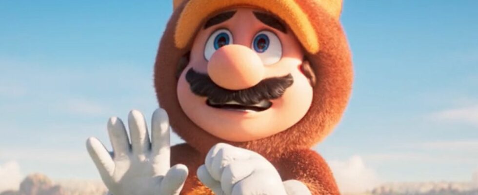 Mario in Tanooki suit in The Super Mario Bros. Movie