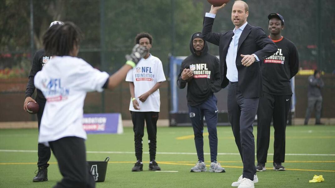 Prince William, 42, combines a sharp suit with striking white sneakers at a London NFL event.