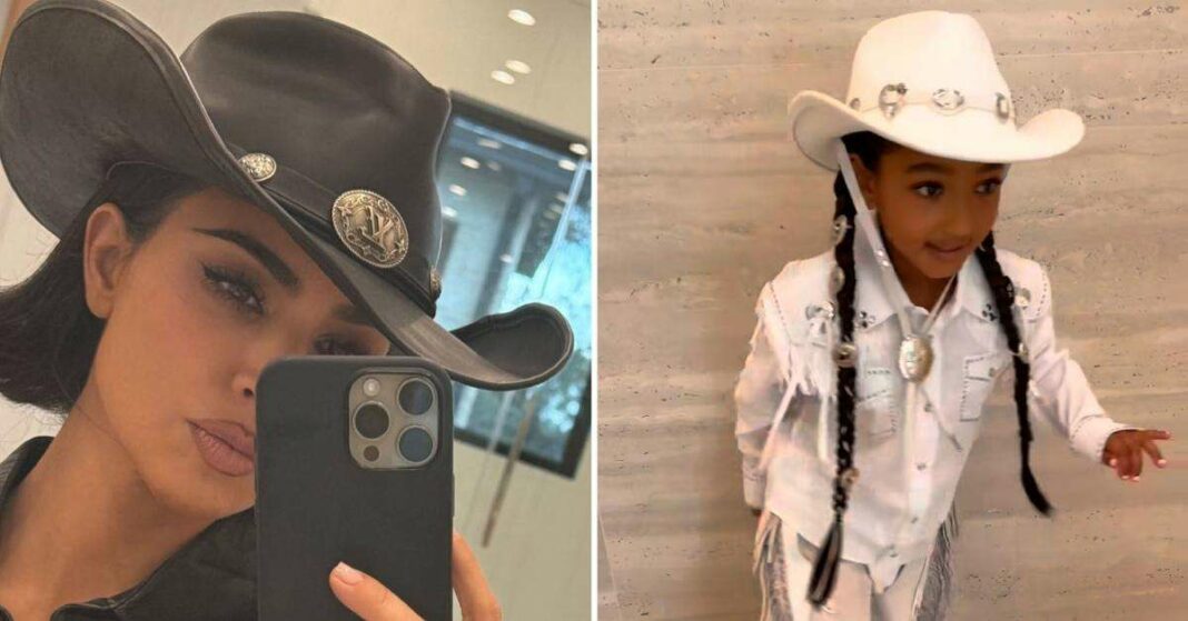 Kim Kardashian dévoile son style en chemise déboutonnée à l'anniversaire cowboy de sa fille Chicago, qui célèbre ses 7 ans : découvrez les photos.